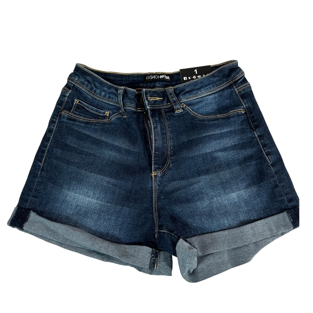 Fashion Nova Womens Dark Wash Cuffed Denim Jean Shorts Size 1 Stretch 5511 NWT
